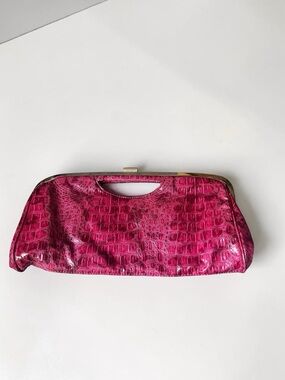 Vintage Marais Stylish Pink Croc-Embossed Patent Medium Roomy Clutch